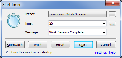 Start Timer Window for Pomodoro Work Session